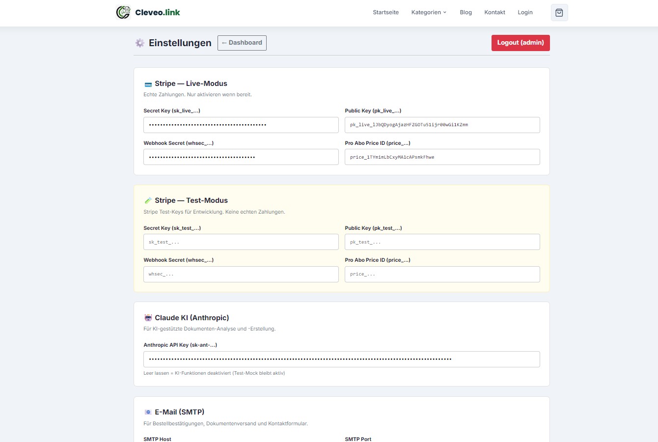Admin Panel Einstellungen